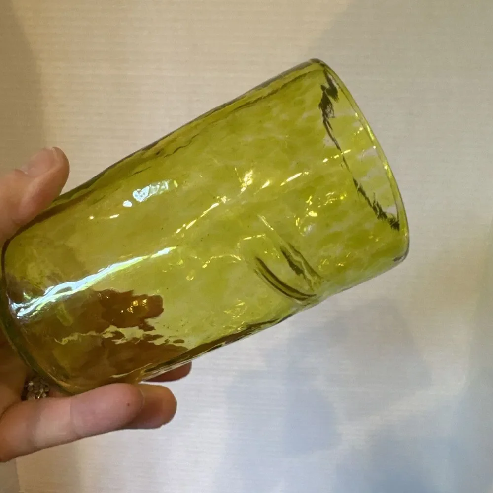 Hand Blown Art Glass Tumbler Yellow Spots Organic Pinched Shape 5” Tall Thick